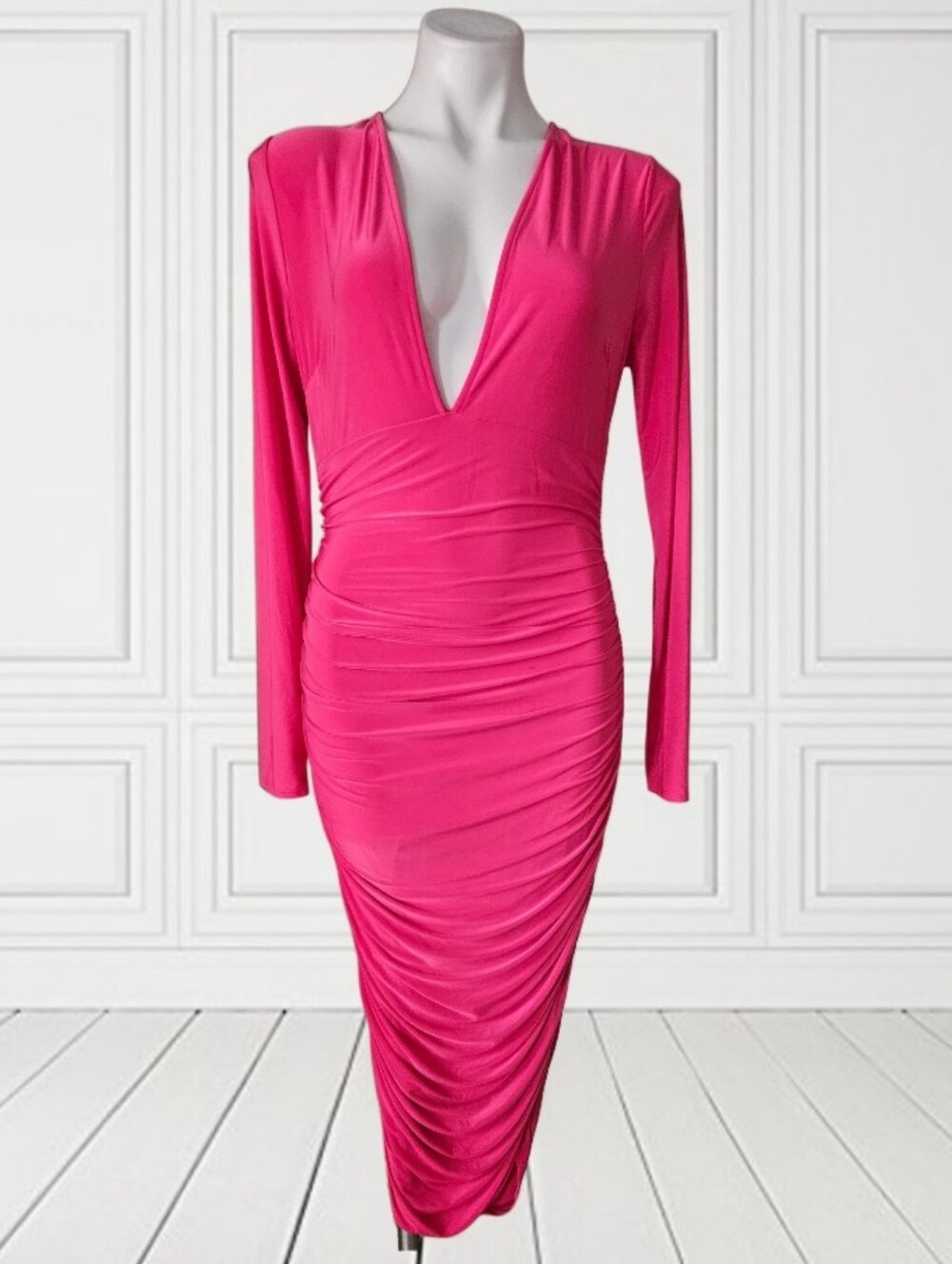 Fashion Nova Deep V-Neck Long Sleeve Ruched Pink Dress Small